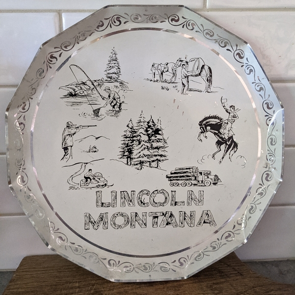 Vintage Lincoln, Montana aluminium round platter